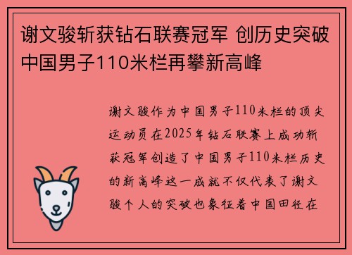 谢文骏斩获钻石联赛冠军 创历史突破中国男子110米栏再攀新高峰